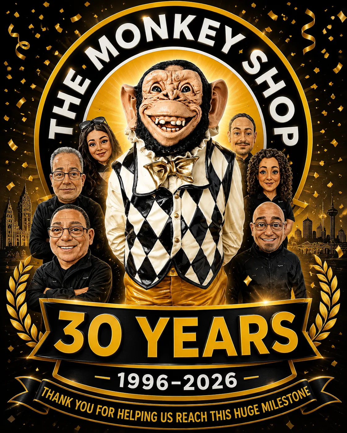 A commemorative poster: Ziggy at the centre in his diamond vest, surrounded by illustrated portraits of shop staff, above a banner reading 30 Years, 1996 to 2026.