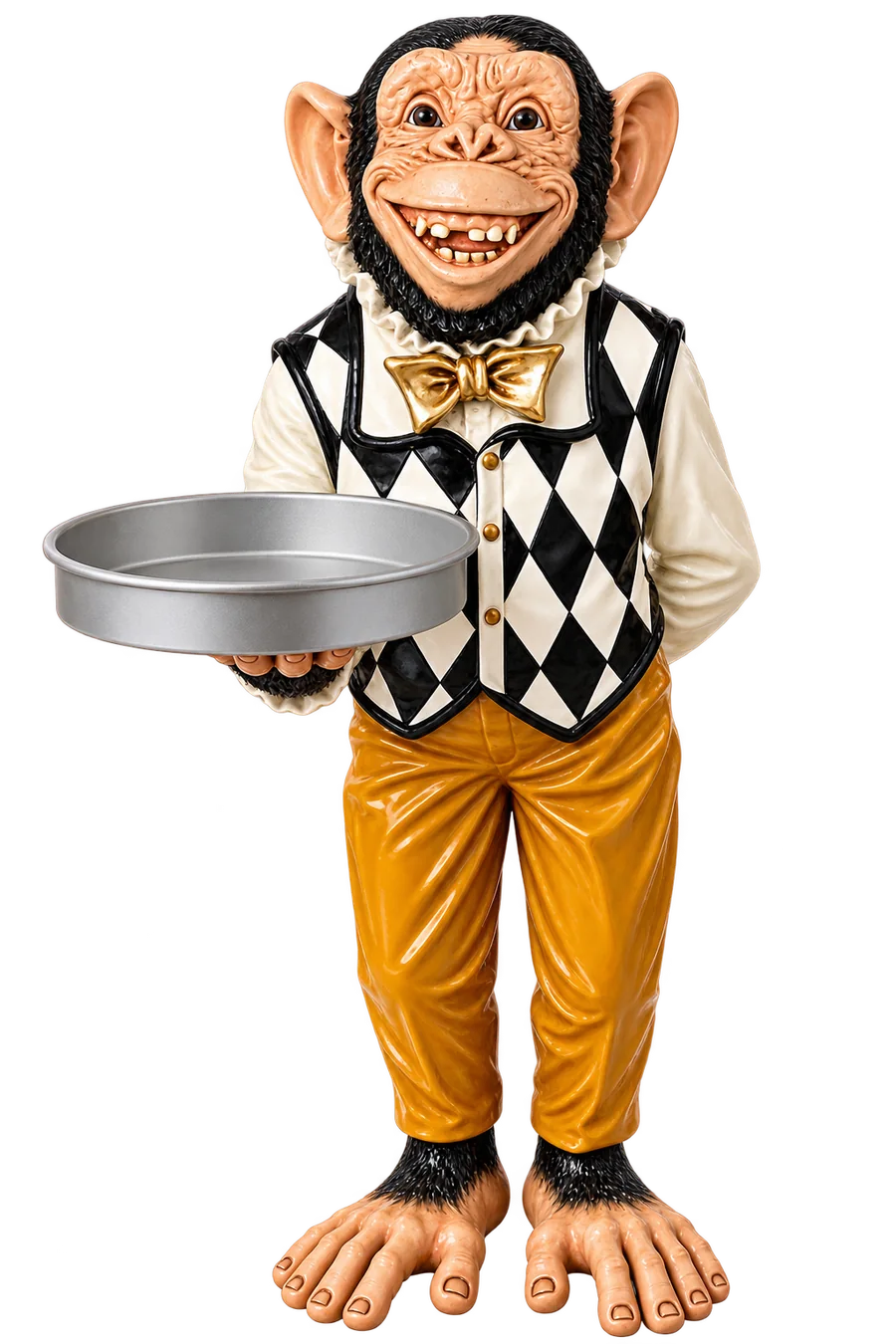 The Ziggy statue full length: wide uneven grin, black hair, cream shirt under a black-and-white diamond vest, gold bow tie, mustard trousers, oversized bare feet, holding out a silver tray.
