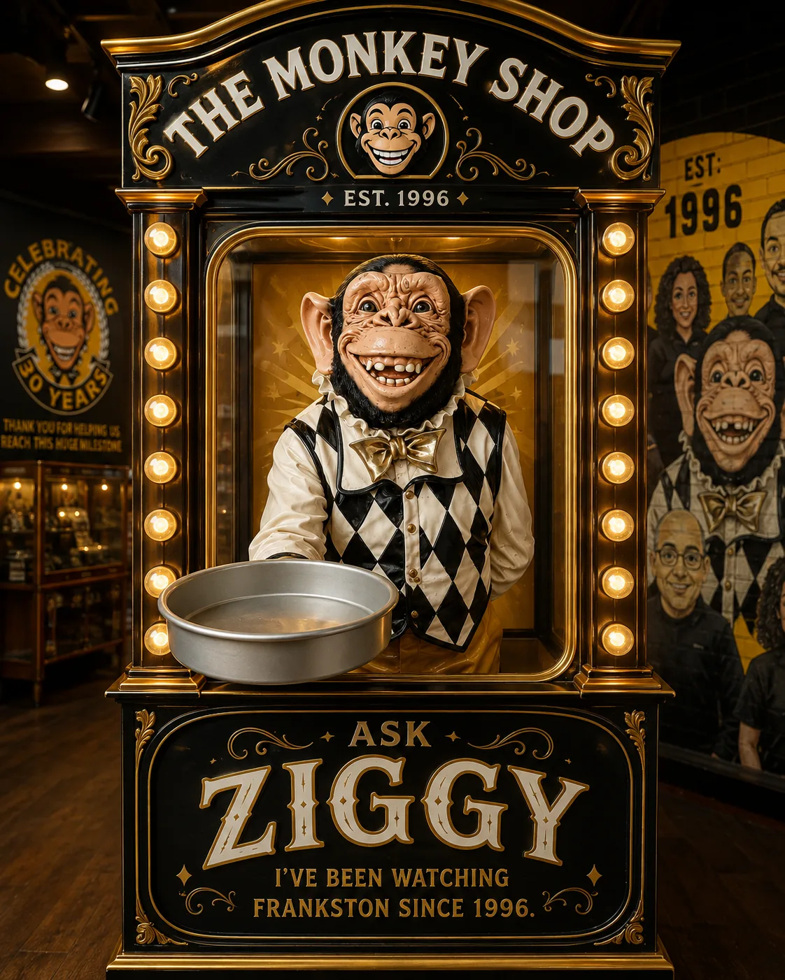 The Ask Ziggy cabinet: a black and gold fortune-teller machine with a bulb-lined glass front, the Monkey Shop sign above it, and Ziggy inside holding a silver tray.