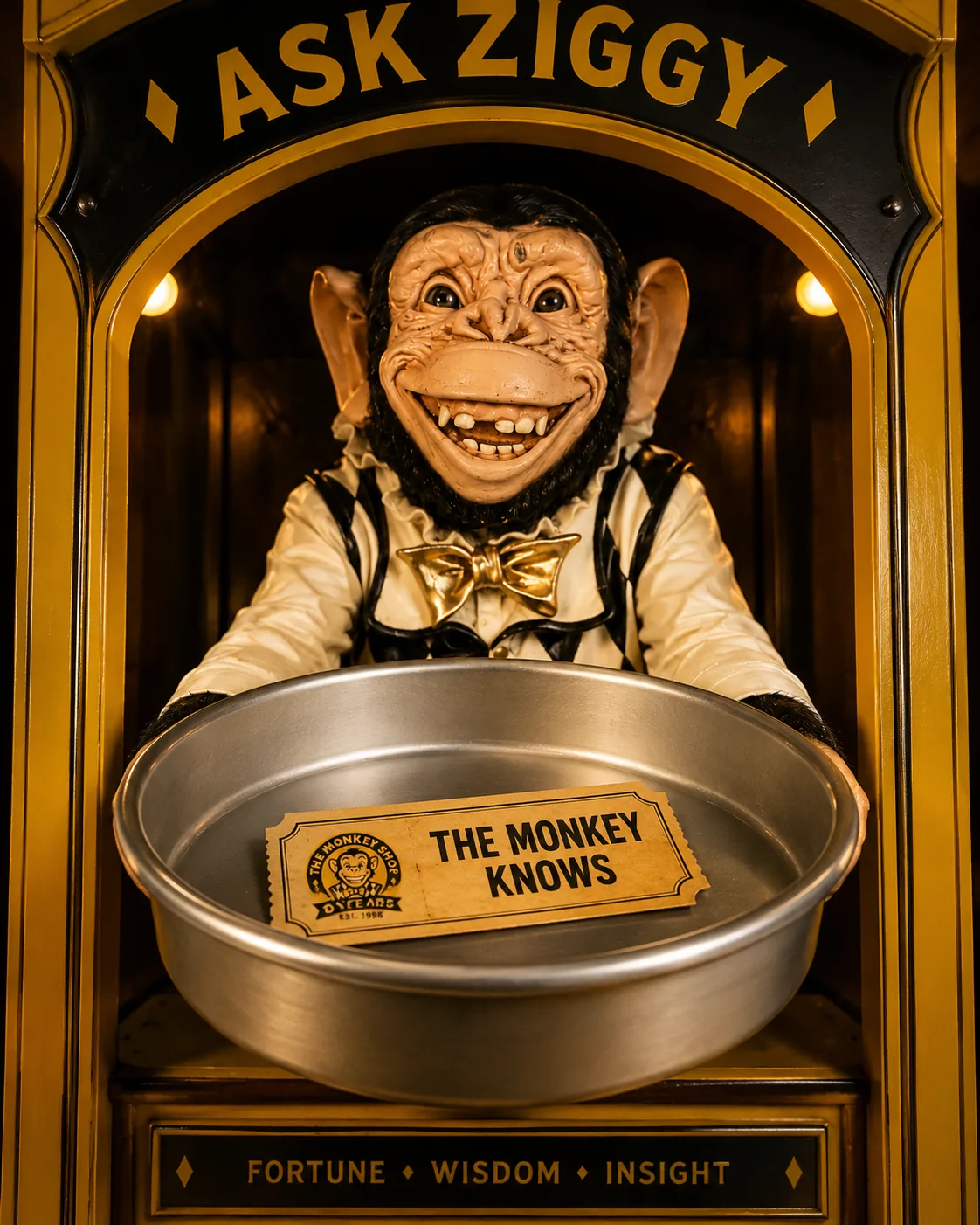 Ziggy holding out the silver tray with a printed fortune ticket resting on it.