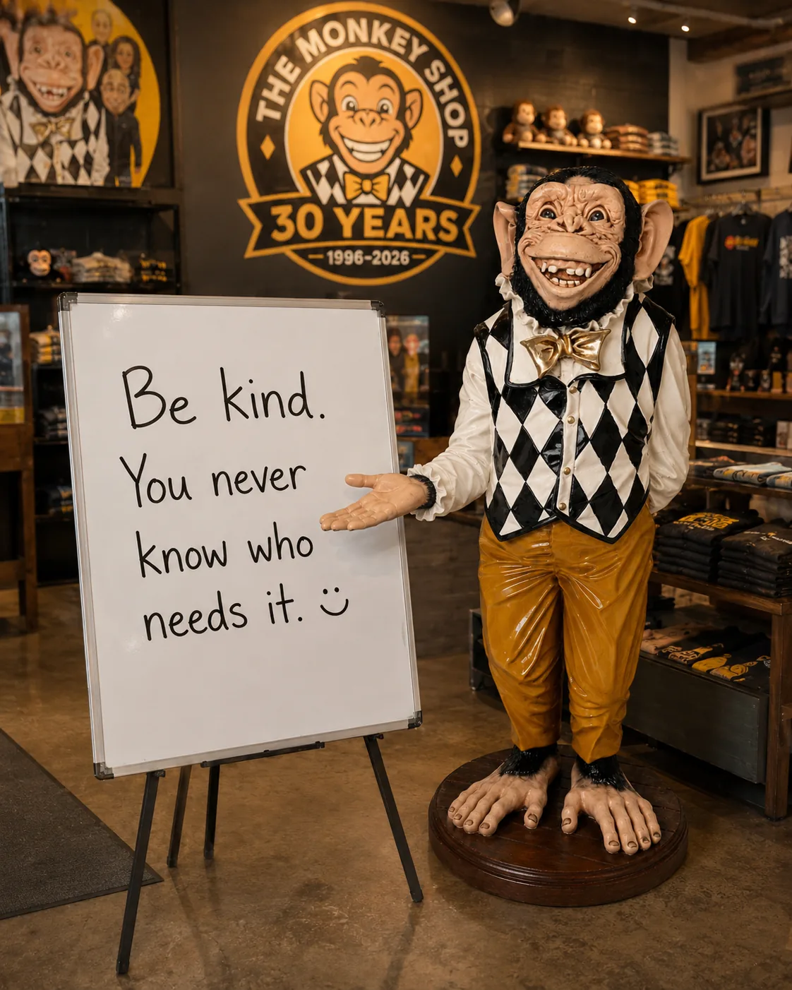The full-size Ziggy statue standing beside a whiteboard on an easel in an illustrated shop setting, one hand open toward the board.